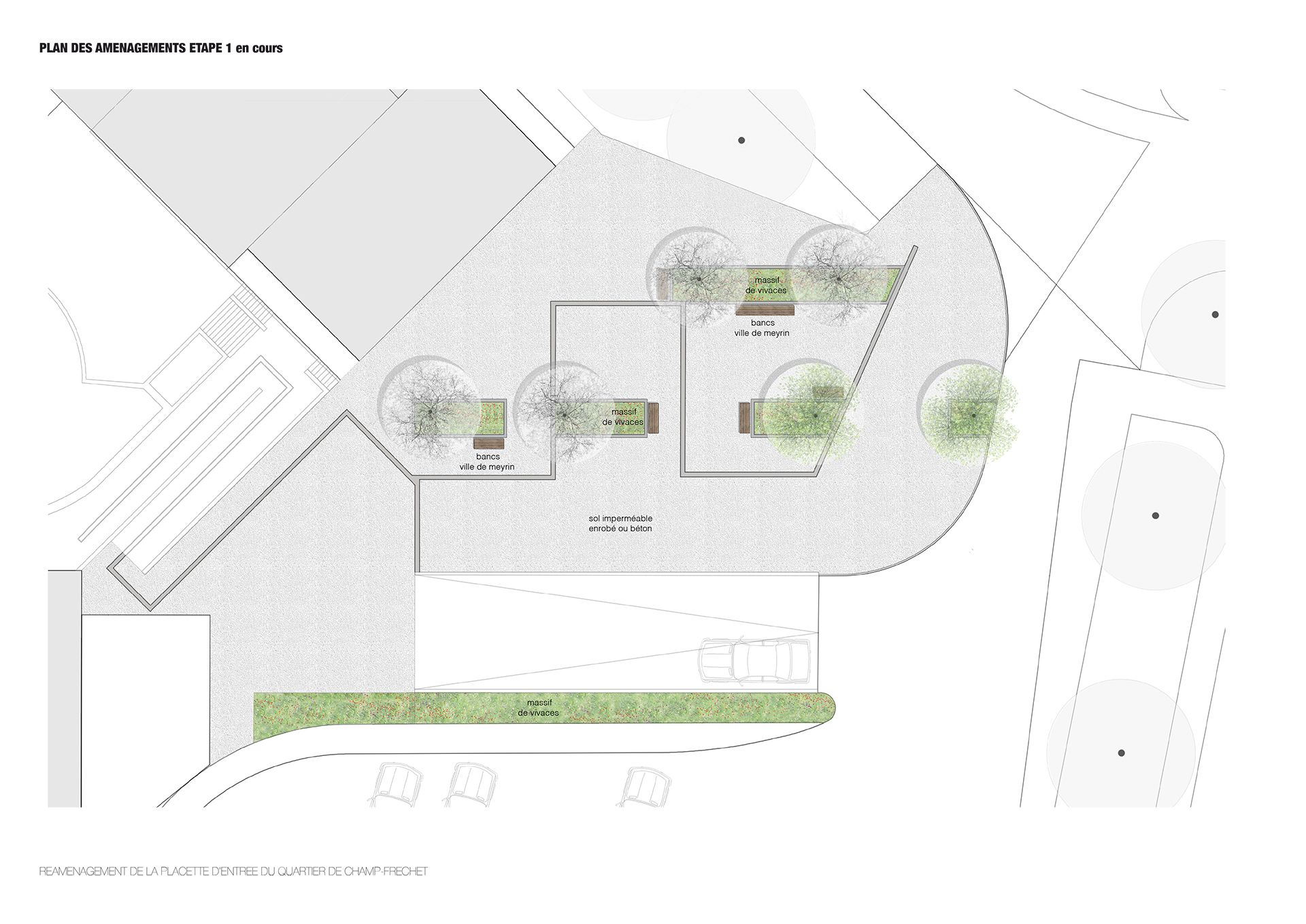 Echo-logement-CHAMPS-FRÉCHETS-Meyrin-esplanade-espace public-plantation-mail d'arbres-massif vivace-sol perméable