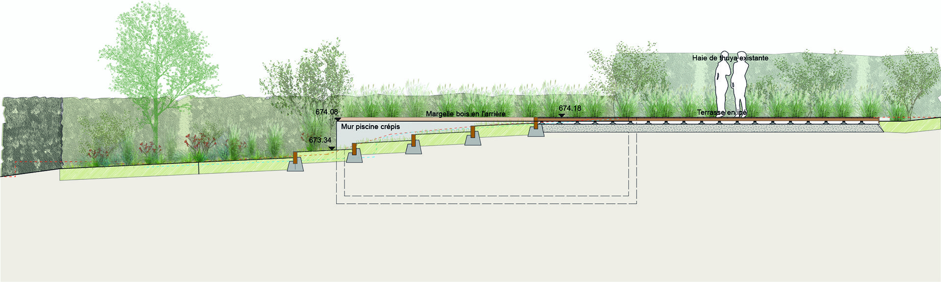 Echo-jardin privé-aménagement-terrasse-piscine-plantation, marche en bois